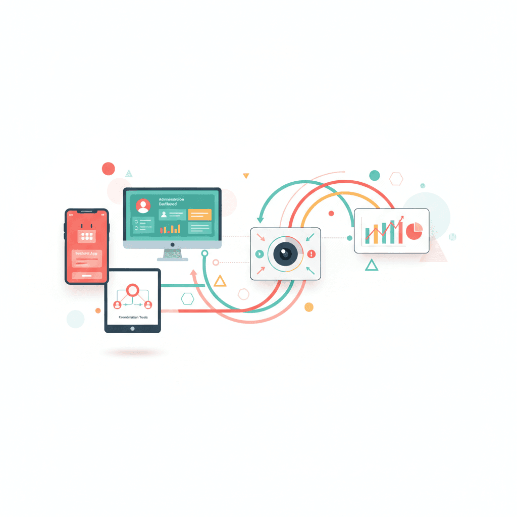 Illustration of the Watch It resident app, coordination dashboards and reporting tools