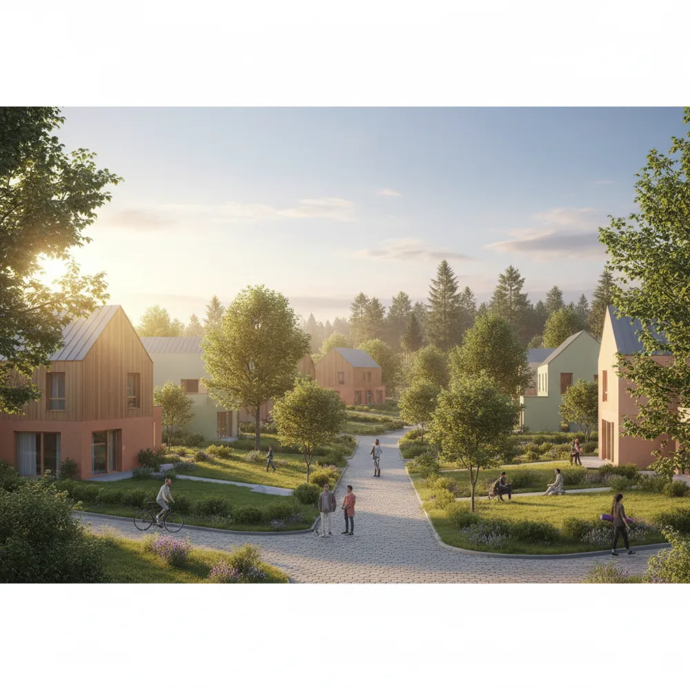 A residential estate with tree-lined paths and modern homes.