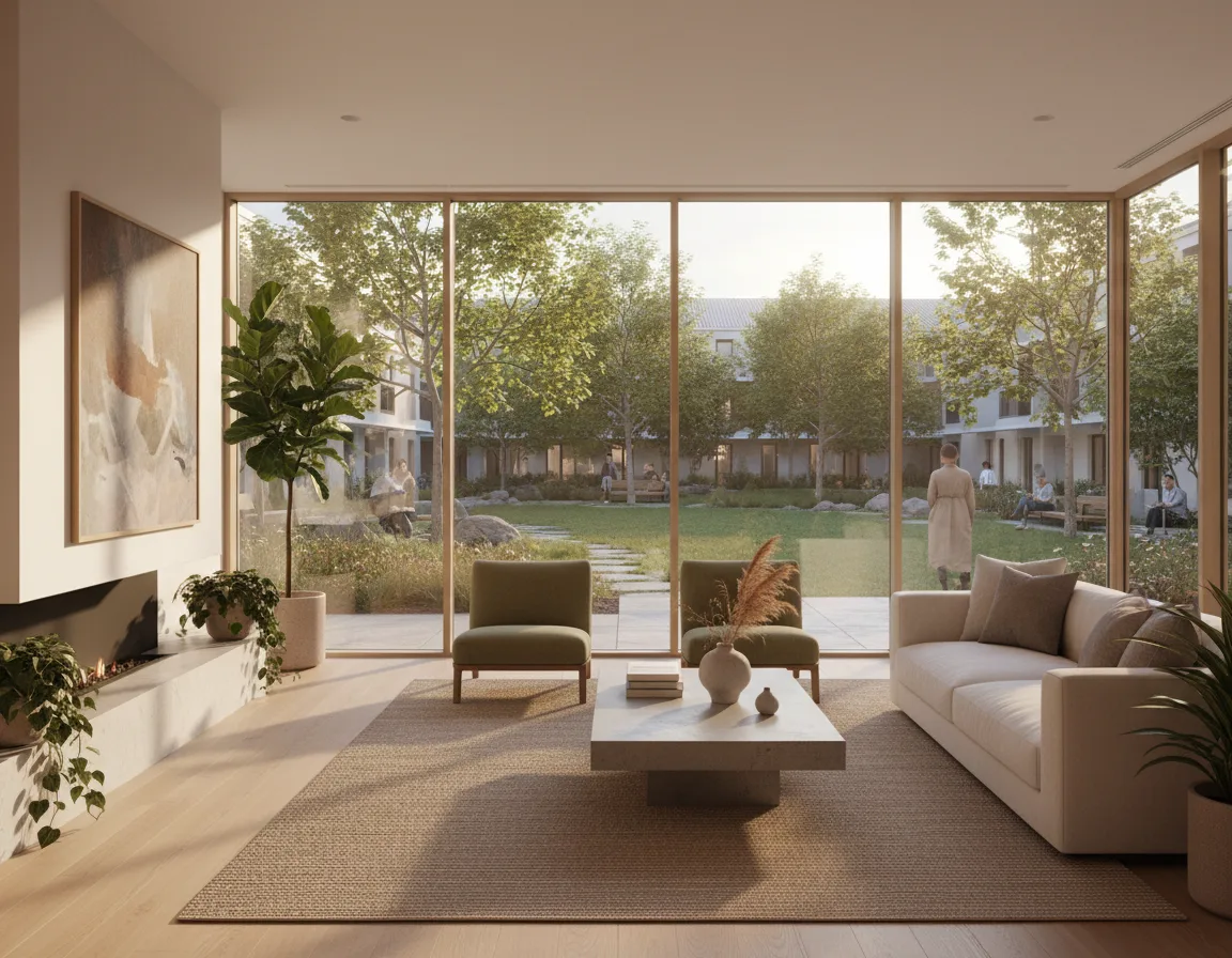 A modern living room with floor-to-ceiling windows overlooking a communal garden courtyard with trees and neighbours.